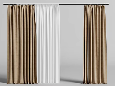 Brown and White Curtains Hanging On Rod With Textured Fabric Design 3d model