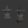 Two Traditional Stone Lanterns With Layered Pagoda Tops And Intricate Bases