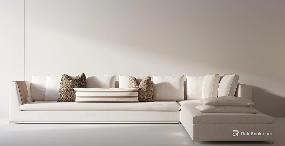 White L shaped Sectional Sofa with Decorative Pillows Long Ottoman Bench Light Colored Wall Modern Interior 3d model 
