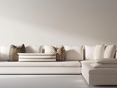 White L shaped Sectional Sofa with Decorative Pillows Long Ottoman Bench Light Colored Wall Modern Interior 3d model