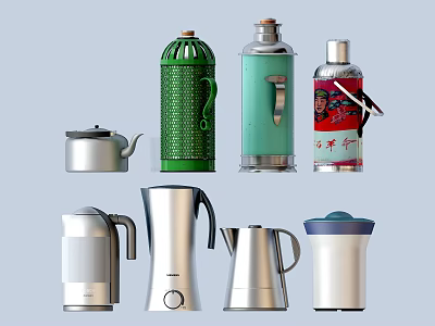 Various Kitchen Containers With Green Silver And Patterned Designs Including Electric Kettle And Teapot 3d model