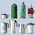 Various Kitchen Containers With Green Silver And Patterned Designs Including Electric Kettle And Teapot