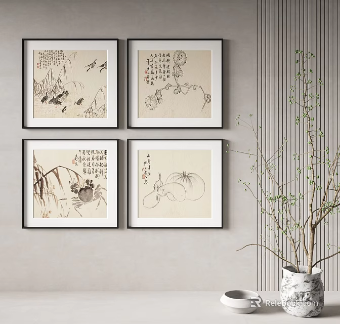 Traditional Chinese Ink Paintings Four Framed Artworks Hanging On Wall With Plant 3d model 