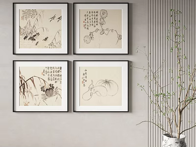 Traditional Chinese Ink Paintings Four Framed Artworks Hanging On Wall With Plant 3d model