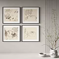 Traditional Chinese Ink Paintings Four Framed Artworks Hanging On Wall With Plant