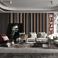 Modern Living Room Interior With Striped Wall Sofa Bookshelf Decorative Painting And Marble Floor