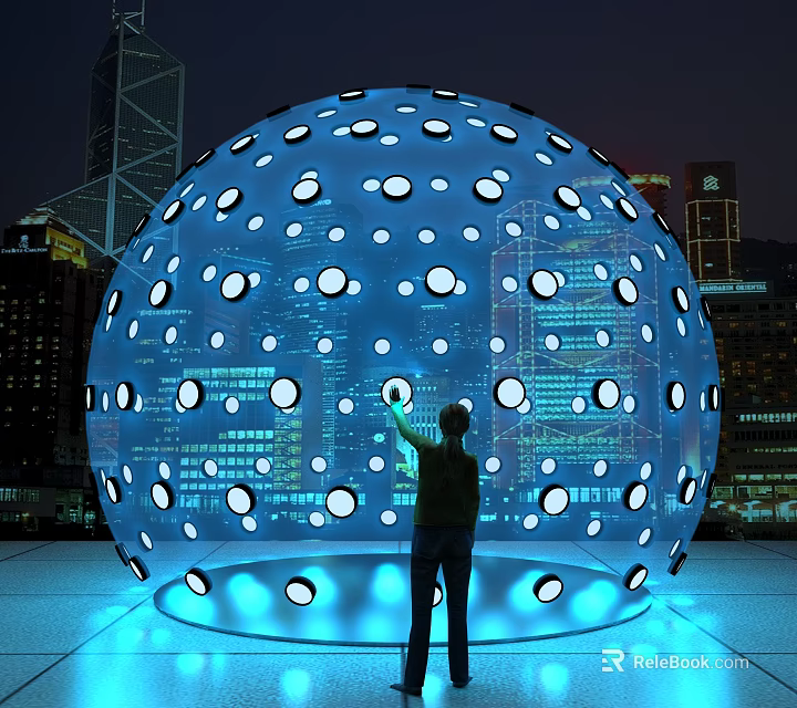 Interactive Zone Featuring Large Blue Sphere White Dots Illuminated At Night City With Human Interaction 3d model