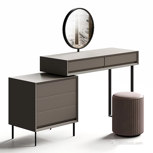 Modern Dressing Table With Round Mirror Drawers And Stool Design 3d model