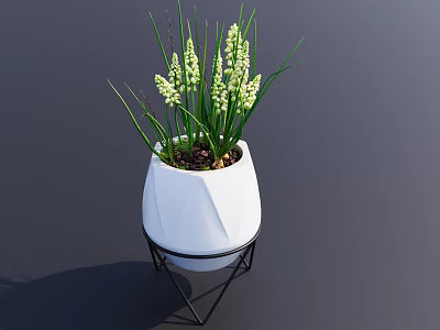 Bonsai Potted Plant In White Geometric Pot With Black Metal Stand And White Flowers 3d model