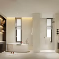 Modern Luxury Bathroom Interior With Bathtub Double Mirrors Green Plant Wall And Wooden Cabinets