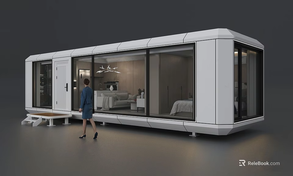 Modern Container Vacation Home Building With Large Glass Windows And Interior Furniture 3d model 