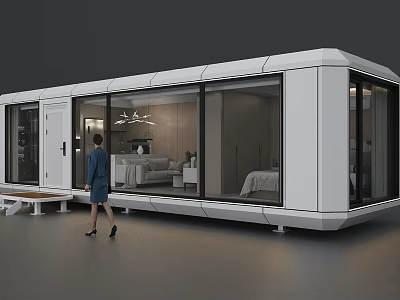 Modern Container Vacation Home Building With Large Glass Windows And Interior Furniture 3d model