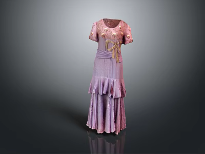 Stylish Purple Short Sleeved Dress With Gold Accents And Layered Skirt 3d model
