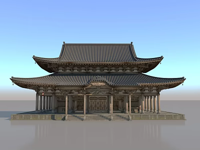 Traditional Chinese Architectural Design With Double Eaved Roof Wooden Columns And Stone Platform 3d model