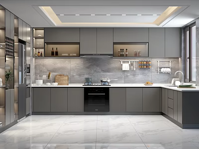 Modern Kitchen Interior Featuring Gray Cabinets Marble Countertops And Stainless Steel Appliances 3d model