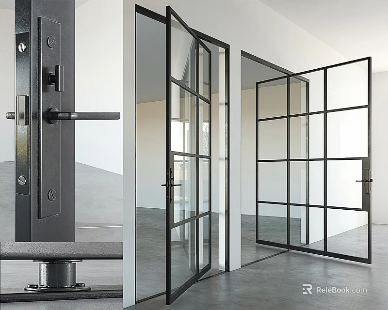 Contemporary Interior Space With Black Frame Glass Doors And Transparent Panels 3d model 