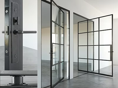 Contemporary Interior Space With Black Frame Glass Doors And Transparent Panels 3d model
