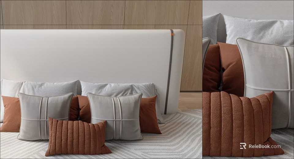Cozy Brown And Gray Decorative Pillows On Bed With Soft Headboard 3d model 