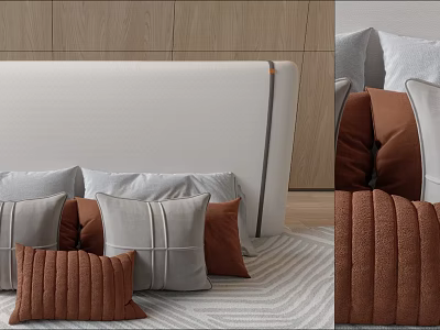 Cozy Brown And Gray Decorative Pillows On Bed With Soft Headboard 3d model