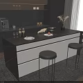 Modern Kitchen With Black Counter Island White Cabinets And Bar Stools