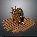 Nautical Watercraft Ship's Wheel Decorative Model On Wooden Planks With Green Accents