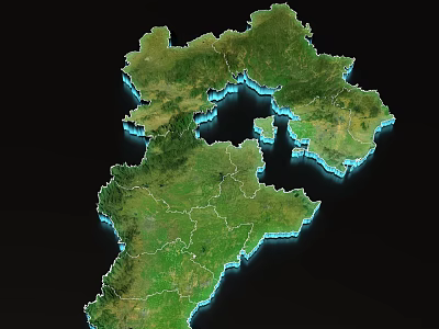 3D Geographical Map Displaying Detailed Terrain With Green Land And Blue Water Regions 3d model