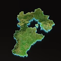 3D Geographical Map Displaying Detailed Terrain With Green Land And Blue Water Regions