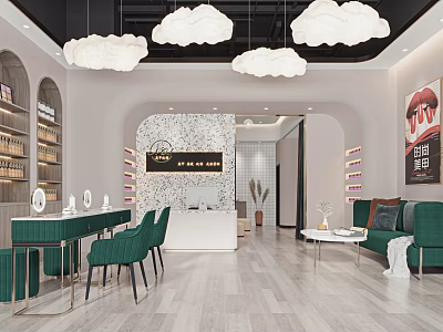 Modern Beauty Hair Salon Interior With Green Sofa Chairs And Cloud Pendant Lights 3d model