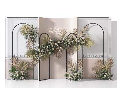 Elegant Wedding Decor With Floral Arches White Flowers Greenery And Black Frame Backdrop 3d model