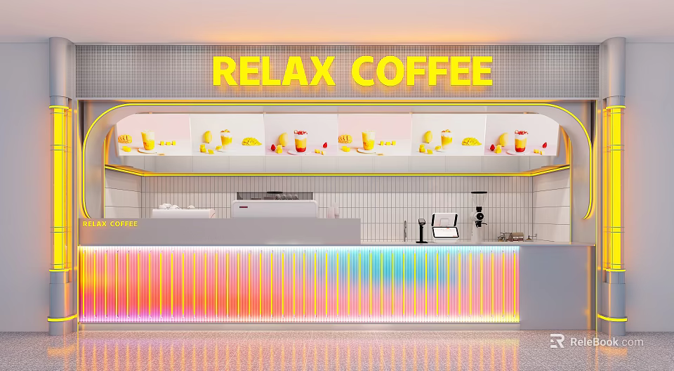 Relax Themed Milk Tea Shop Interior With Colorful Neon Counter And Drink Display Cabinet 3d model 