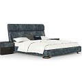 Modern Navy Blue Upholstered Double Bed With Bedside Tables And Pillows 3d model