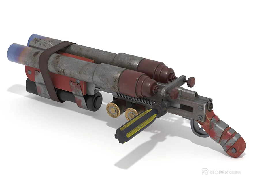 Vintage Rusty Double Barrel Launcher With Red Gray Accents And Mechanical Parts Design 3d model 