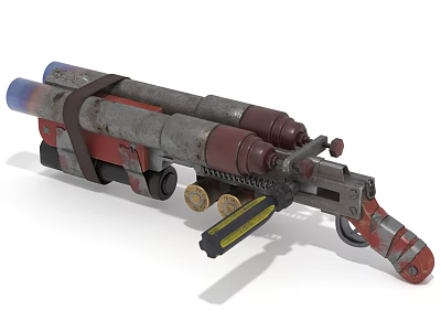 Vintage Rusty Double Barrel Launcher With Red Gray Accents And Mechanical Parts Design 3d model