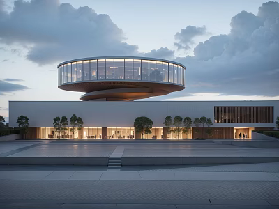 Circular Glass Tower Modern Design With White Building Base Trees Plaza And Cloudy Twilight Sky 3d model