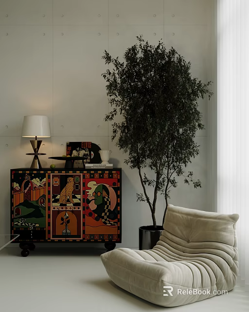 Colorful Patterned Entryway Side Cabinet With Tall Plant And Lamp Near Sofa 3d model 