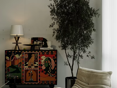 Colorful Patterned Entryway Side Cabinet With Tall Plant And Lamp Near Sofa 3d model