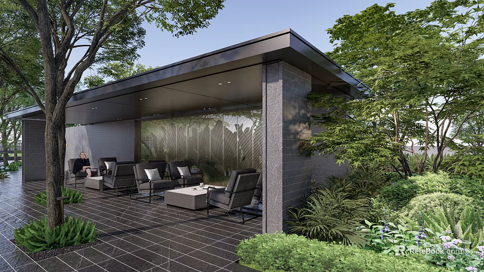 Modern Outdoor Patio With Comfortable Lounge Chairs Green Plants Stone Flooring And Shaded Roof 3d model 