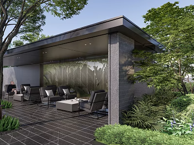 Modern Outdoor Patio With Comfortable Lounge Chairs Green Plants Stone Flooring And Shaded Roof 3d model
