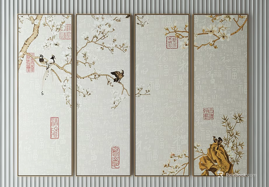 Traditional Chinese Scroll Paintings With Birds Branches Flowers Red Seals And Calligraphy 3d model 