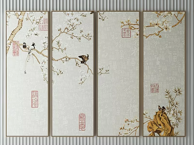 Traditional Chinese Scroll Paintings With Birds Branches Flowers Red Seals And Calligraphy 3d model