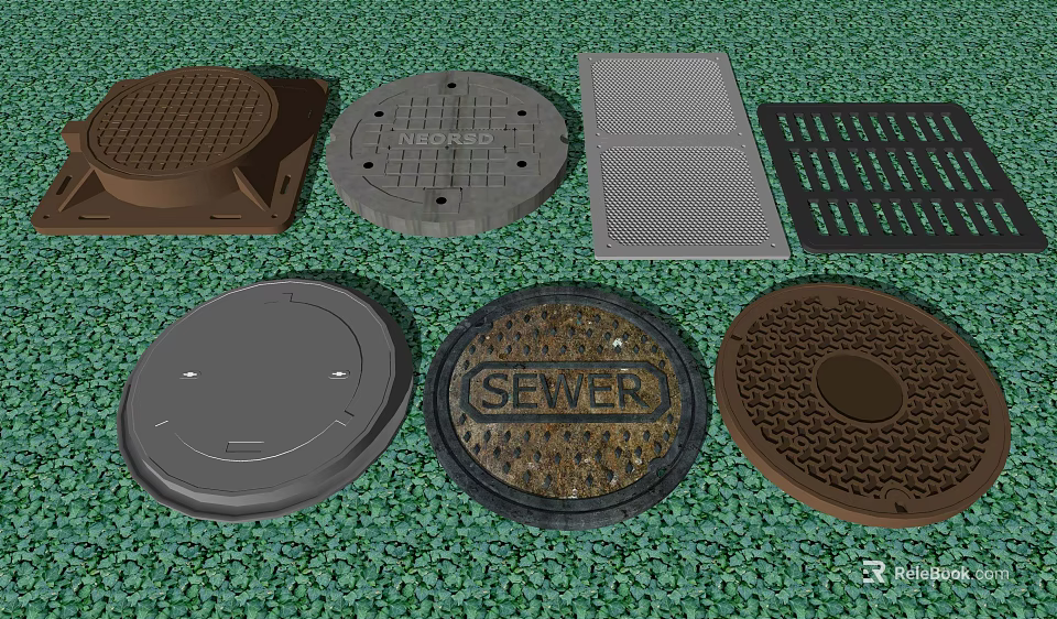 Road Facilities Featuring Assorted Manhole Covers With Sewer Markings And Drainage Grilles 3d model 