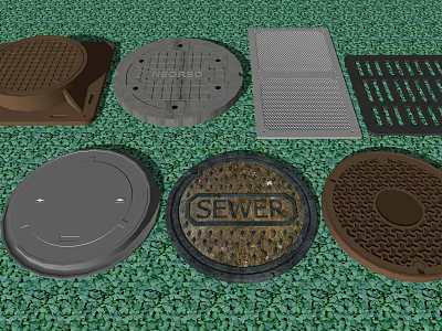 Road Facilities Featuring Assorted Manhole Covers With Sewer Markings And Drainage Grilles 3d model