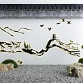 Traditional Chinese Garden Decor with Mountain Pattern Stone and Pine Tree Design 3d model