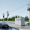 Road Facilities With Utility Poles Power Lines Street Lights Electrical Cabinets Trees And Cars
