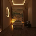 Relaxing SPA Sauna Room With Massage Bed And Traditional Mountain Painting
