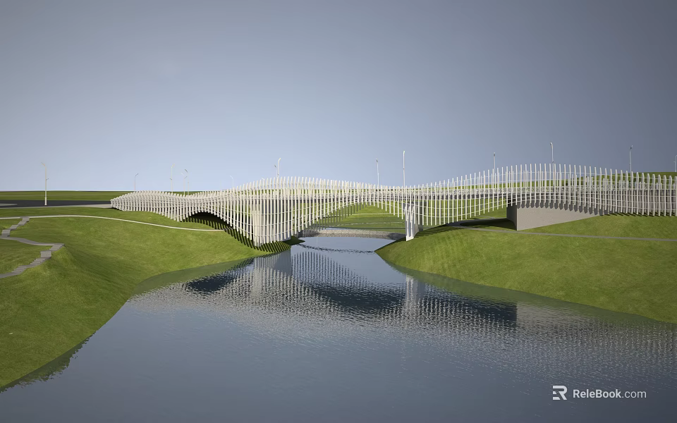 Modern Wavy Landscape Bridge Over River With Green Grass And Reflection 3d model 
