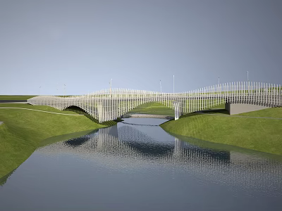 Modern Wavy Landscape Bridge Over River With Green Grass And Reflection 3d model