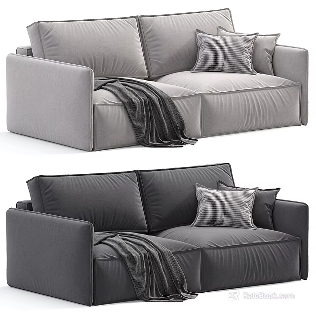 Modern Gray Two Seater Sofa With Soft Pillows And Cozy Blanket 3d model