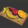 Assorted Fresh Fruits on Wooden Cutting Board Including Bananas Apple Sliced Orange and Green Grapes