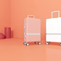 Pink And White Striped Suitcases Featuring Telescopic Handles And Wheels On Orange Background